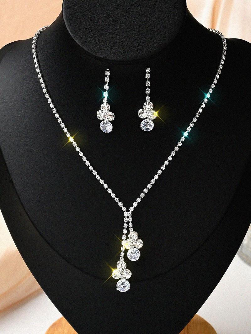 Product Introduction of Women's Elegant Rhinestone Decorated Necklace & Dangle Earrings, Exquisite Trendy Jewelry Set, Fashionable Accessories for Party & Daily Clothing Decor 0