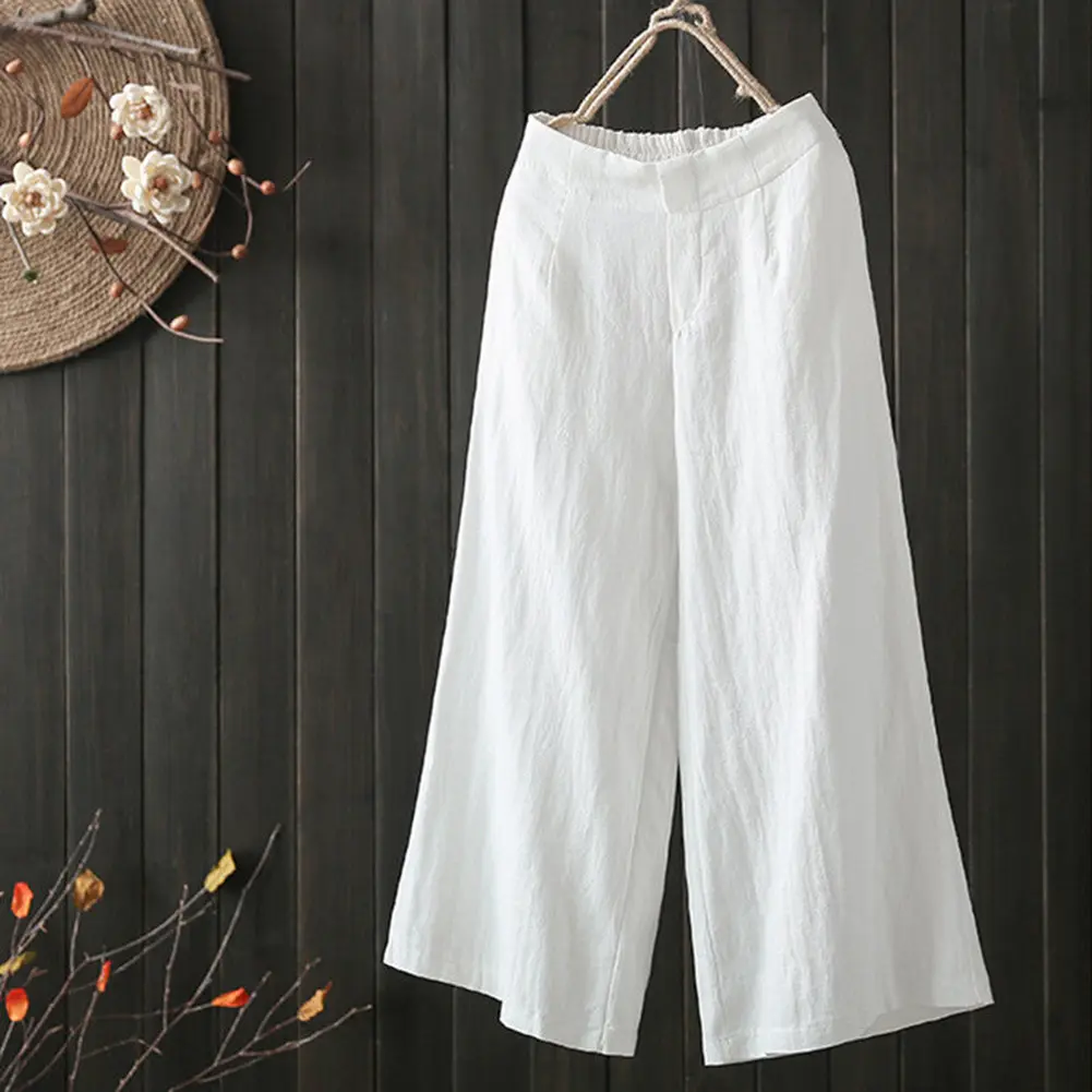 Yuabefi-Casual Women Solid Color Elastic Waistband Wide Leg Trousers Loose Long Pants