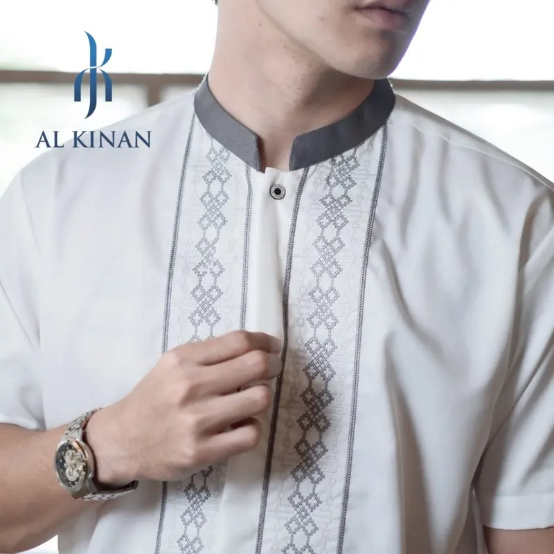 alkinan baju koko muslim pria bordir lengan pendek putih tulang katun toyobo ak061 Abu Hitam Dewasa Nyaman Panjang Atasan Kurta Motif 2