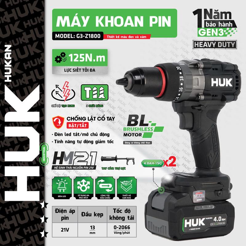  Máy khoan pin 13mm Z1800 Hukan lực siết 125N có tắt mở antikickback tạo xung chiến công trình khỏe 