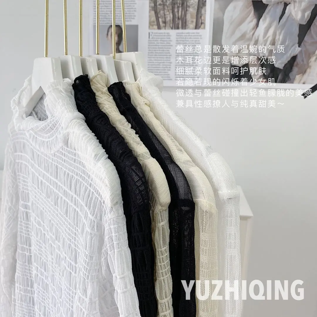 Áo Sơ Mi Lớp Nền Ren Cao Cổ, Dành Cho Nữ, Hàng Mới Về Mùa Thu Và Mùa Đông, Áo Len Dài Tay, Có Thể Mặc Bên Trong Quần Áo Gạc, Phong Cách Phương Tây, Áo Lưới Cổ Tích Xếp Ly Top Women Shirt Màu Đen