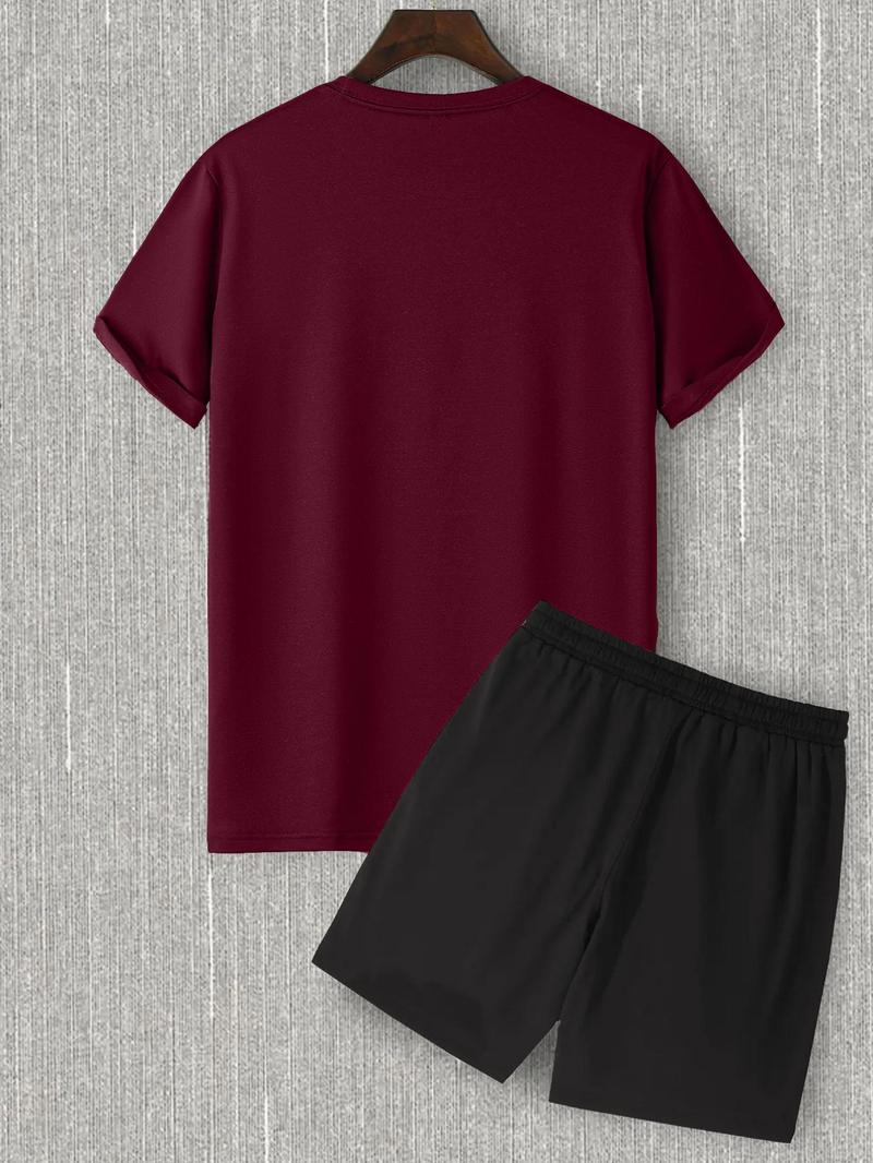Product Introduction of Two-Piece Set Men's Letter Print Tee & Drawstring Pocket Shorts Set, Regular Fit Casual Short Sleeve T-Shirt & Shorts, Men Summer Outfits 2024 11