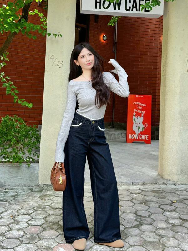 [CÓ SIZE CHO NẤM] Quần jeans nữ form ống rộng màu than phối ren nổi bật Woman Pants MINI006 3