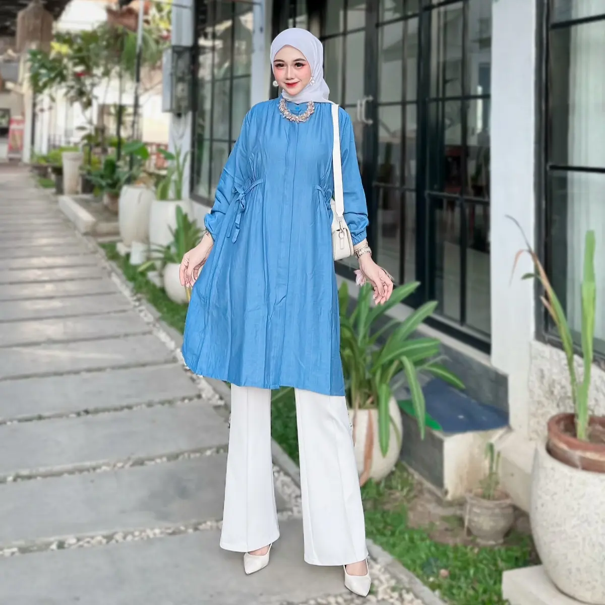 Tunik simply polo linen bahan adem Nyaman atasan muslim panjang busui friendly tali samping Polos