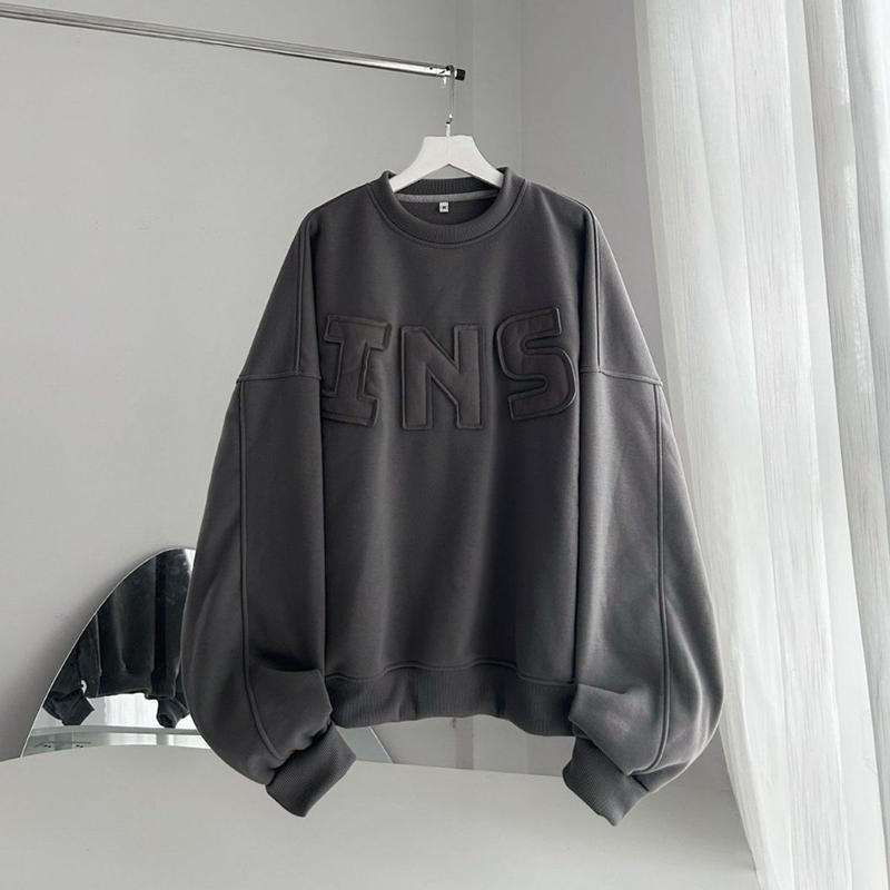 Ao sweater thêu chữ nổi INS nỉ bông , Áo hoodie vải nỉ lót bông dày dặn form rộng unisex 4