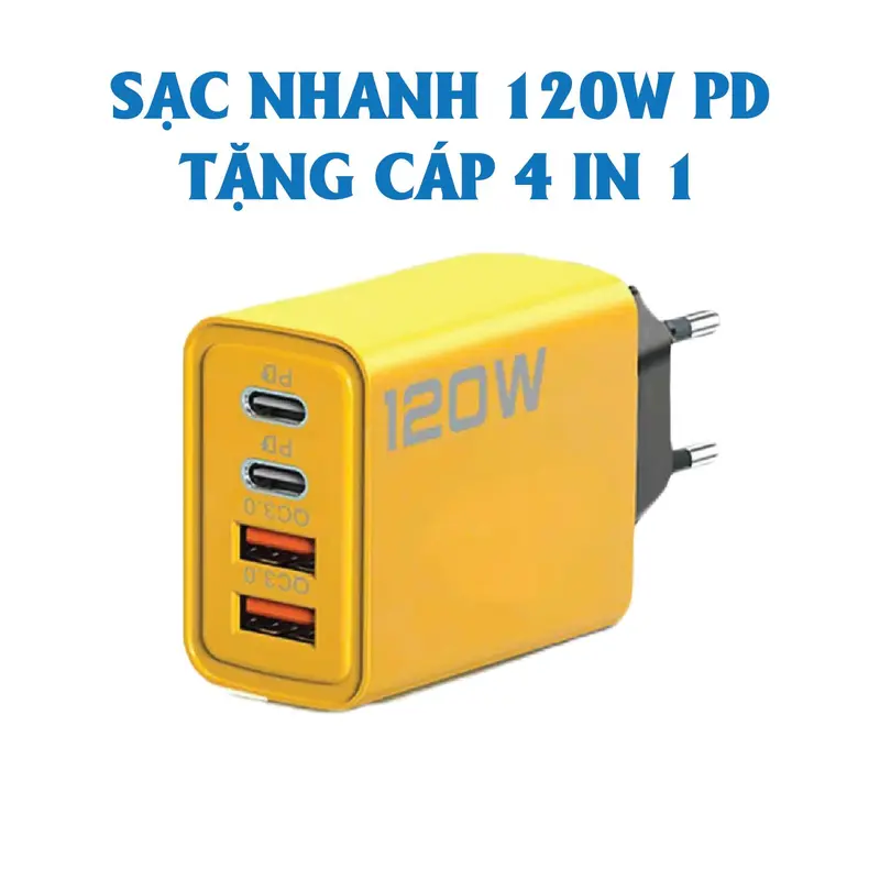 Củ sạc nhanh 4 cổng, 120W: 2 cổng Type C + 2 cổng USB – Tặng cáp sạc nhanh 4 in 1. Cốc sạc nhanh 120W, Phụ kiện điện thoại 1