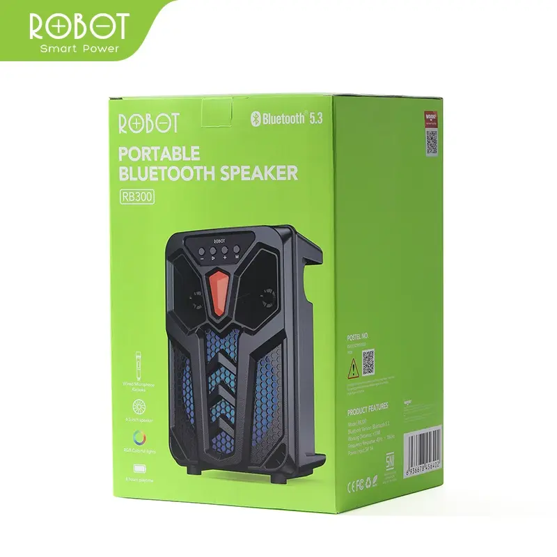 ROBOT Speaker Karaoke Bluetooth 5.3 RB300 With RGB Light Microphone Original - Garansi Resmi 1 Tahun (RB300) [ BISA COD ] Speakers Bass Wireless 6