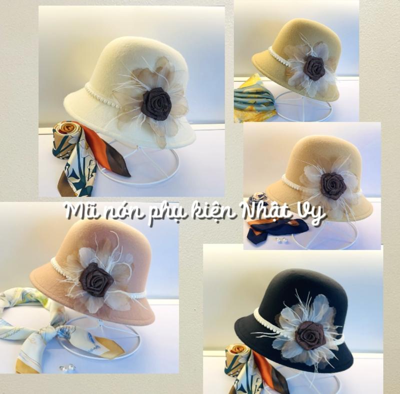 MŨ DẠ NỈ CỤP ĐAI NGỌC DÂY HOA LÔNG VŨ PHONG CÁCH THỜI TRANG HÀN QUỐC CHO CÁC QUÝ CÔ SANG CHẢNH