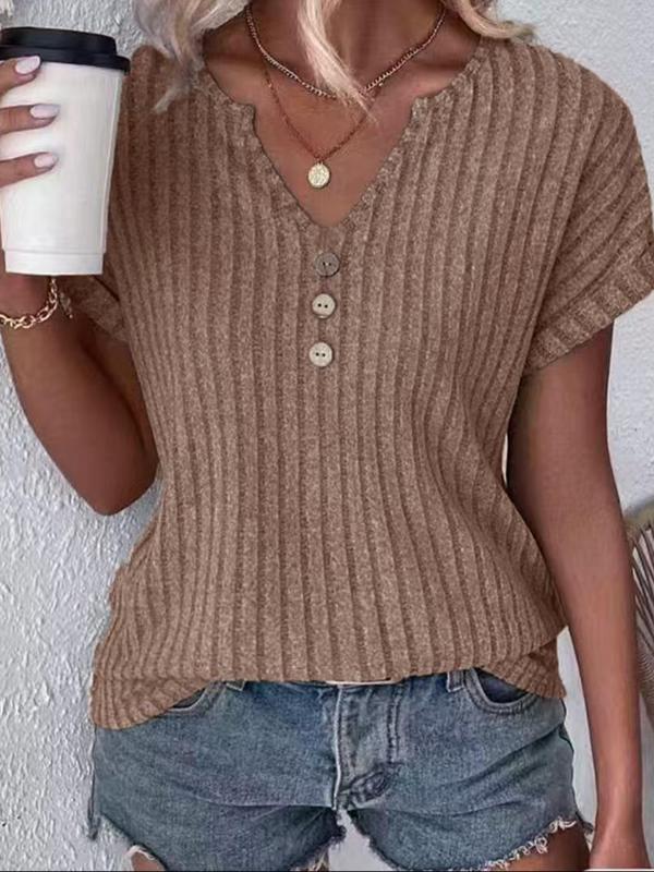 Women's Plain Button Decor Notched Neck Tee, Elegant Casual Fashion Short Sleeve Ribbed T-shirt for Summer, Ladies Clothes for Daily Wear, Womenswear 6