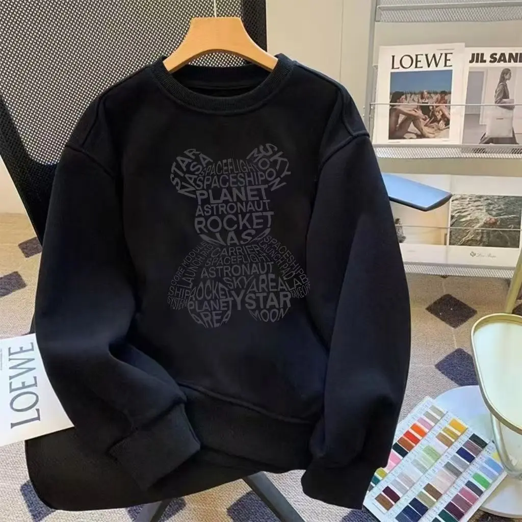 Autumn Winter Trendy Bear Cotton Sweatshirt Unisex Loose Fit Versatile Ins Style Long Sleeve Fleece Niche Couple Outfit Top Women