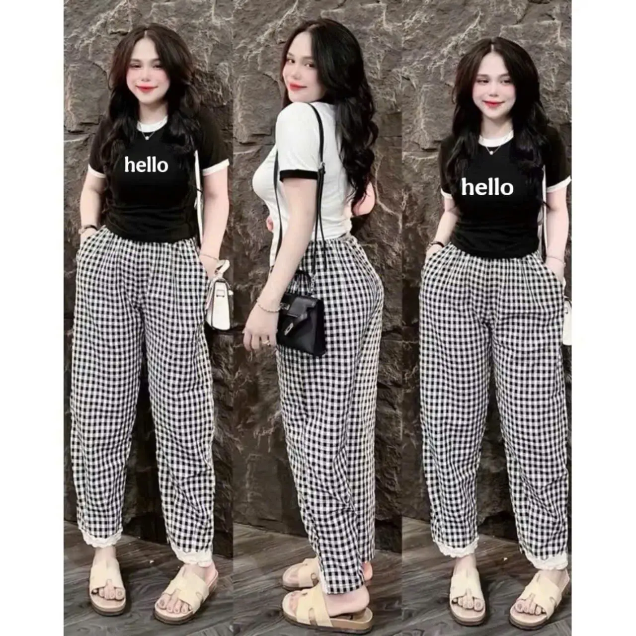 Sét bộ đồ nữ áo cotton HELLO  mix quần kẻ ren 40-55kg