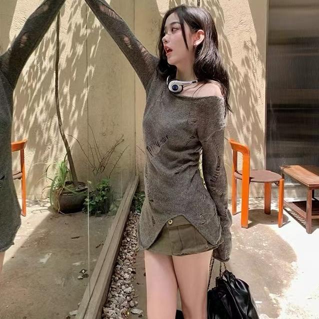 Áo Dệt Kim Mỏng Dáng Rộng Màu Xám Kiểu Mới Cho Nữ ，Áo Thun Dệt Kimphong cách phong cách Wasteland cổ điển Lỗ vỡ 56145 8