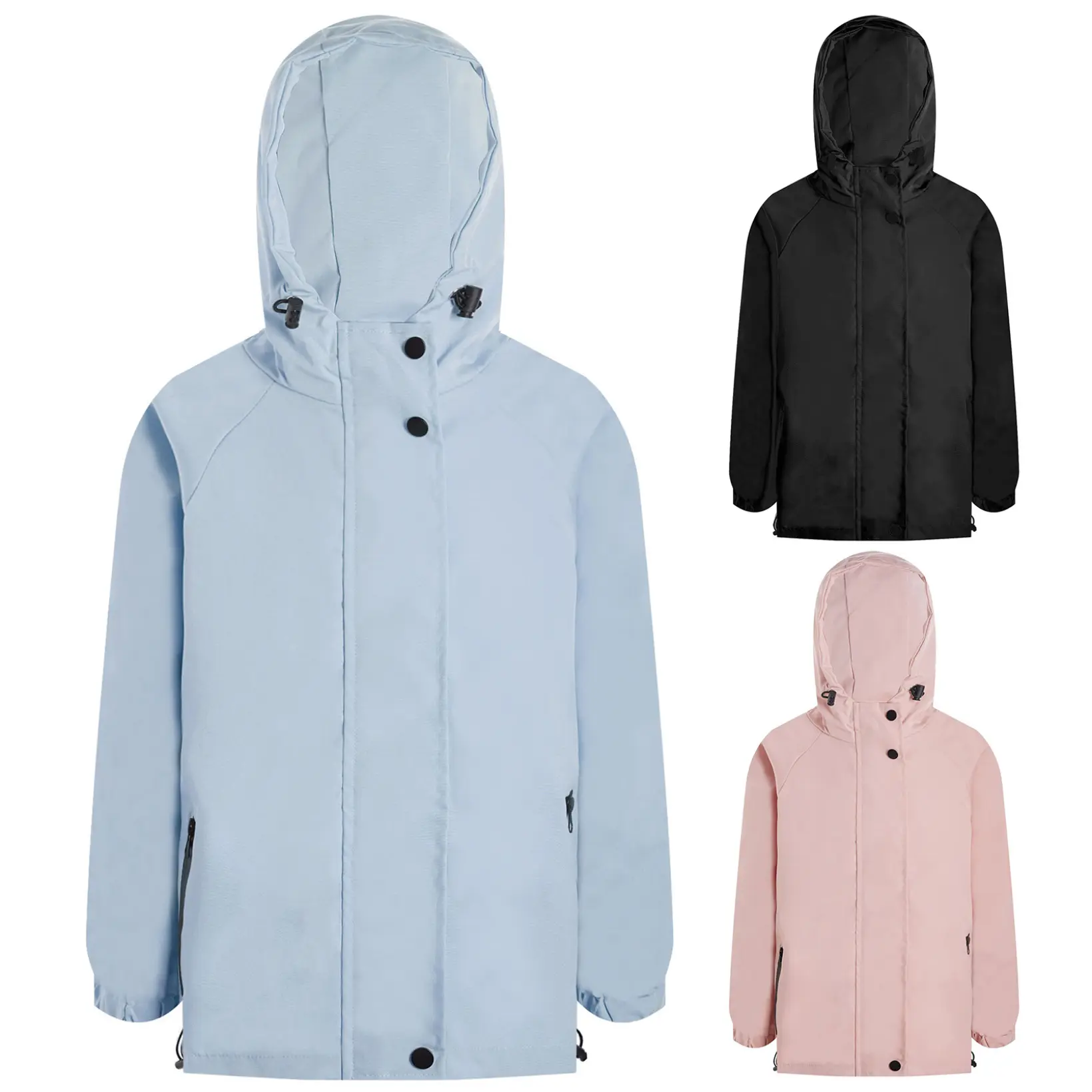 Hansber  Unisex Kids Girls Boys Drawstring Hooded Jacket Stand Collar Long Sleeve Zipper Windbreaker Outerwear for Outdoor Hiking Camping Climbing