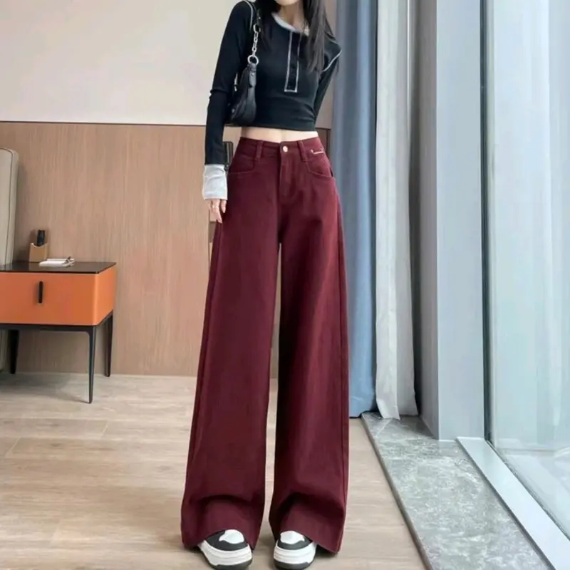 Quần Jean Nữ Ống Suông Rộng Màu Đỏ Lưng Cao Hack Dáng New Trend 2025 đô 4