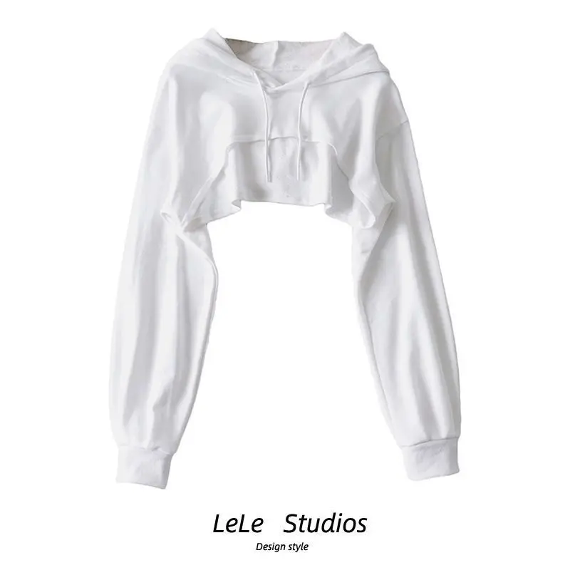 Áo Hoodie, Có Mũ Trùm Đầu, Dành Cho Nữ, Phong Cách Đầu Thu, Hàng Mới Về Năm 2024, Thiết Kế Bất Đối Xứng Cá Tính, Cropped Xén, Áo Dài Tay Siêu Ngắn 0