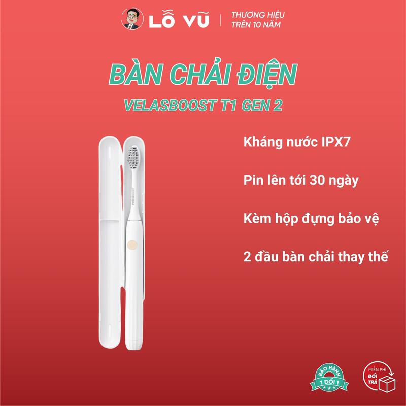 Bàn chải điện velasboost T1 gen 2, 3 mức độ rung, Pin tới 30 ngày, Lông bàn chải mềm, Bảo hành lỗi 1 đổi 1