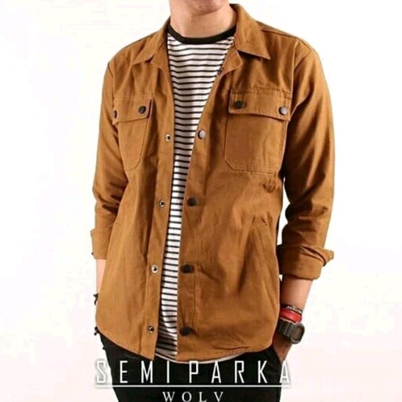 Jaket Semi Parka Casual Trucker Canvas Pria Mewah dan keren Army Hijau Maroon Mustard Hitam Biru Merah Navy Panjang Muda Kancing 2