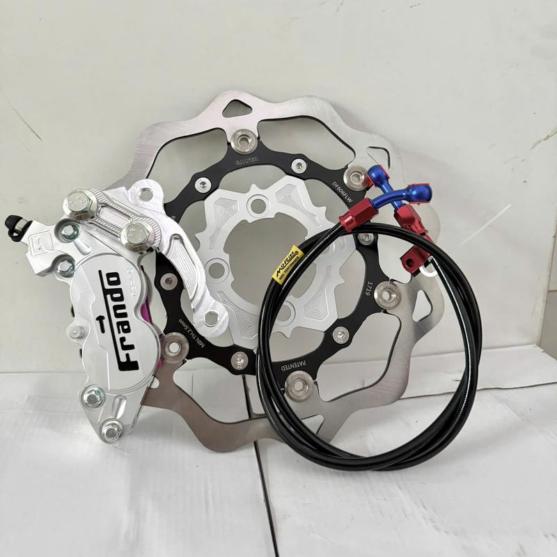    Combo 4 món   Đĩa KTM size 260mm gắn mâm 4 lỗ + heo Frando 4pis Bạc + dây dầu morin Đen + pát Cnc 