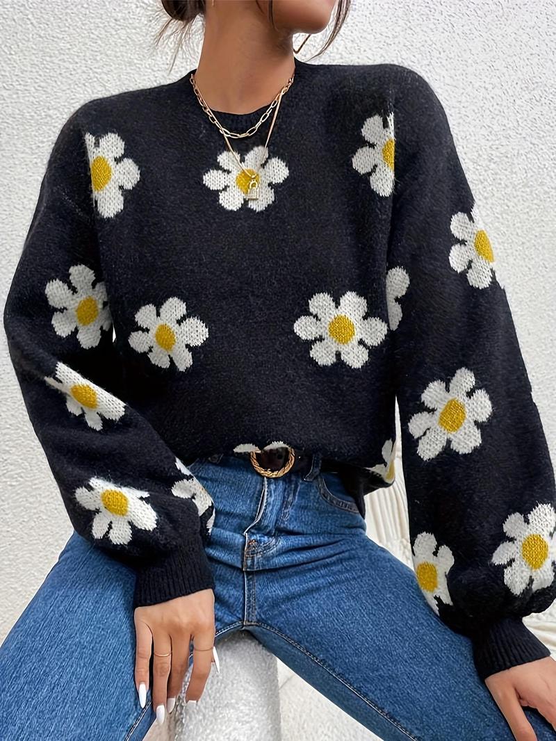 Product Introduction of Plus Size Floral Print Drop Shoulder Sweater, Casual Long Sleeve Round Neck Jumper for Fall & Winter, Women's Plus Size Clothing for Daily Wear 4