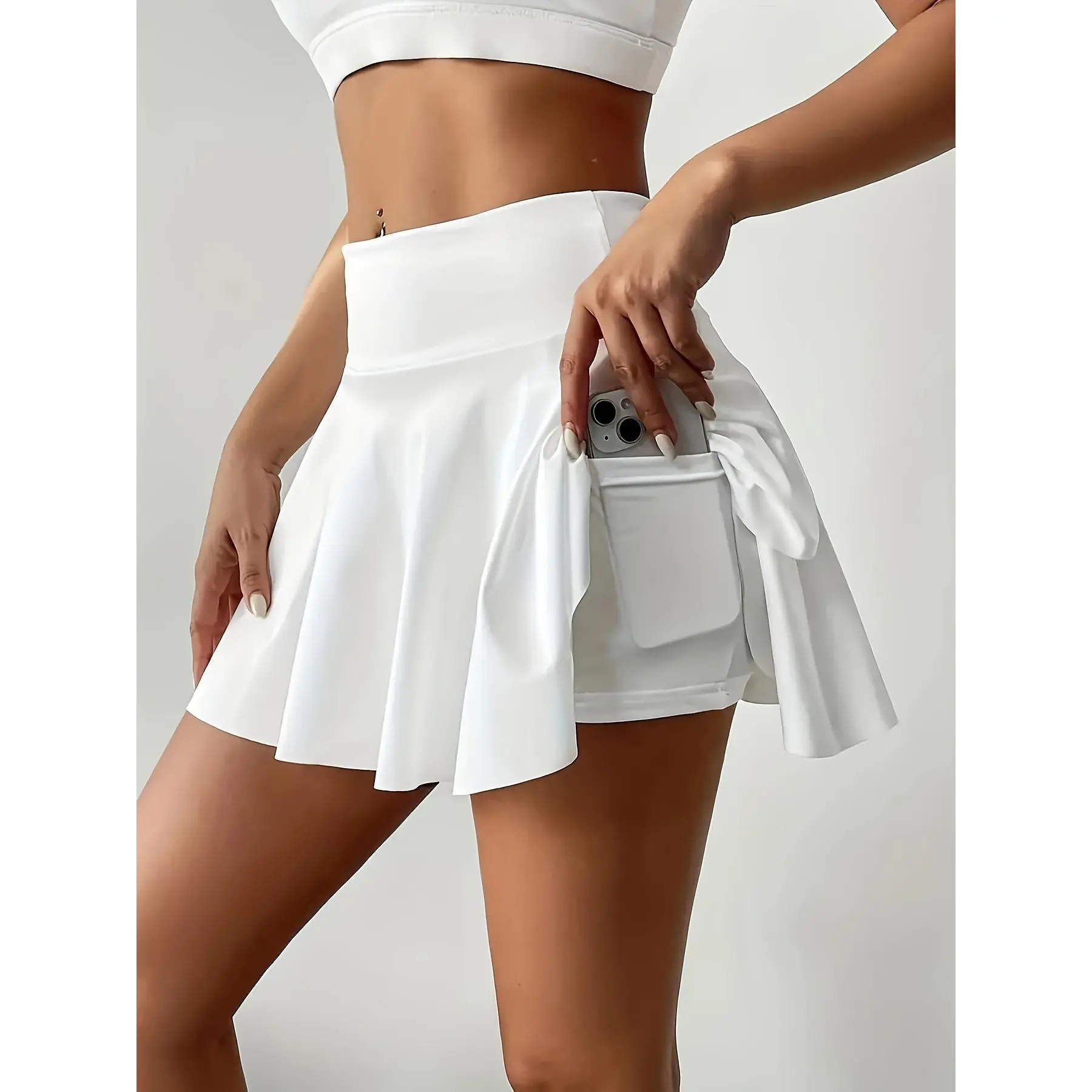 Solid Color Sports Skirt with Pockets, Golf Running Tennis Activity Skirt, Women's Sportswear