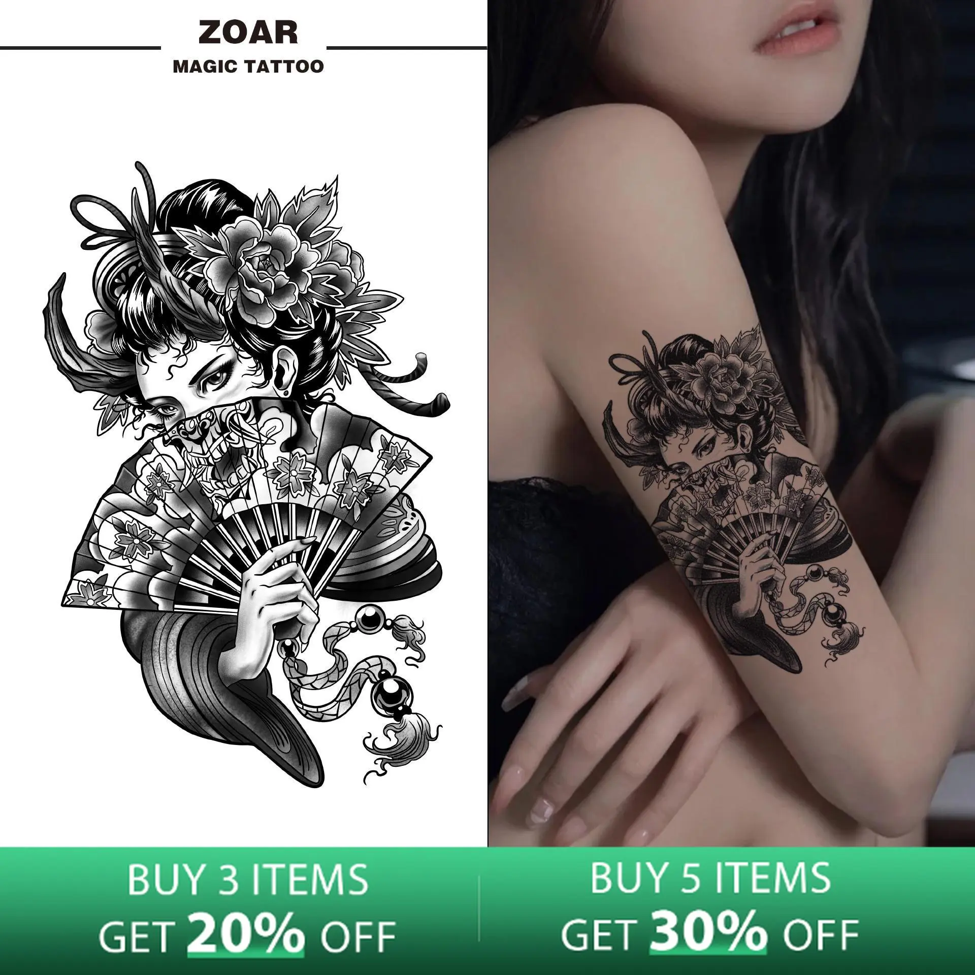 Zoartattoo M-285 stiker tato  sementara  【penggemar geisha】Tahan lama Tattoo menempel dekorasi seni untuk pria dan wanita