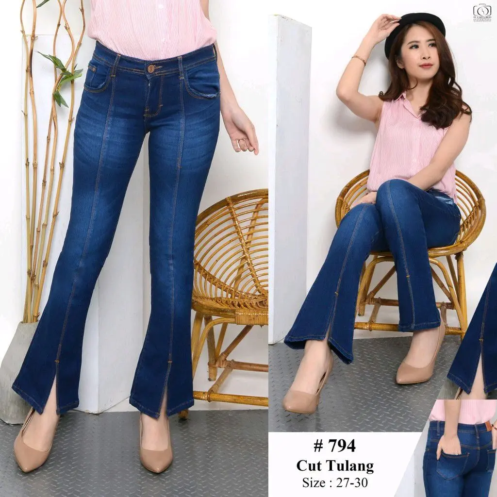 Celana Cutbray Tulang Nyaman  Belah Mid Waist Polos Jeans  Kancing  Kantong Melar Denim  Motif Wanita Panjang Retro Santai Belah Depan