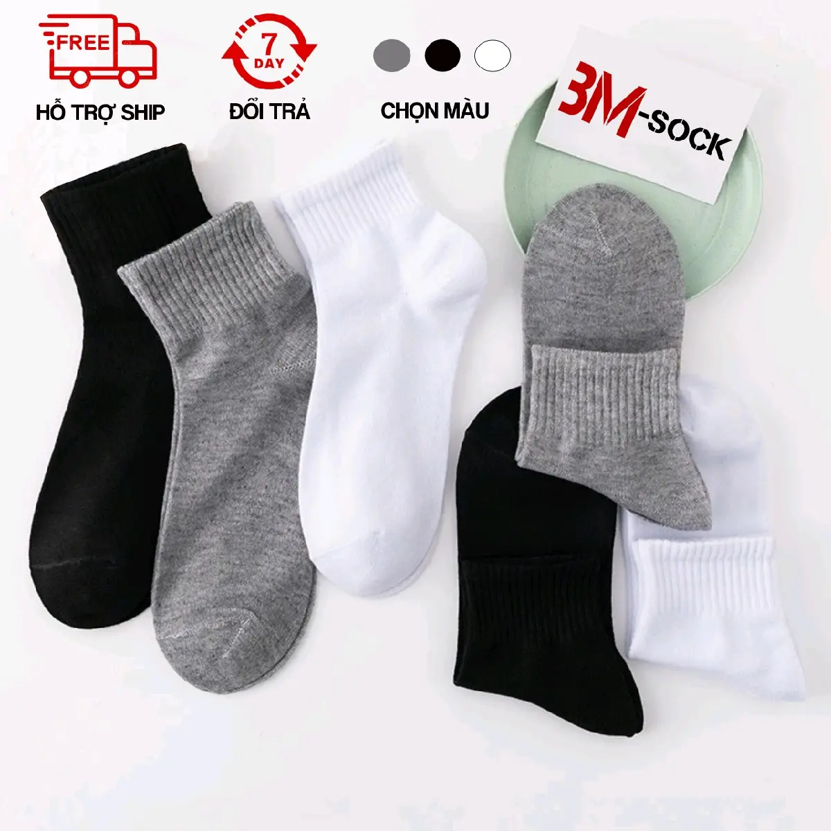Combo 10 đôi Tất cổ Trung Nam Nữ, Tất Nam, Vớ trơn 3 màu đen ,trắng, xám cotton+ spandex Unisex Menswear - XƯỞNG VỚ SÀI GÒN