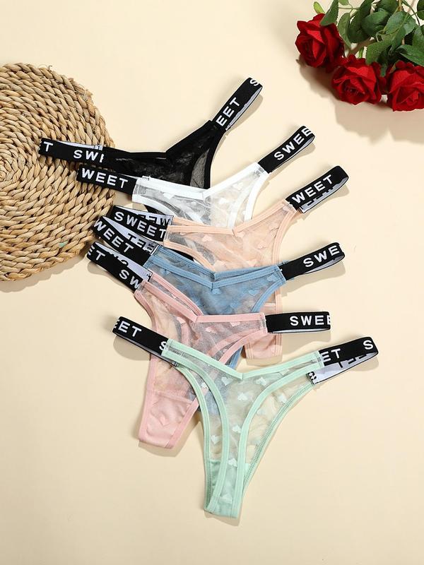 Women's Letter Tape Heart Pattern Tulle Thong, Soft Comfortable Breathable V-Shaped Waist Panty for Daily Wear, Women's Underwear for All Seasons 1