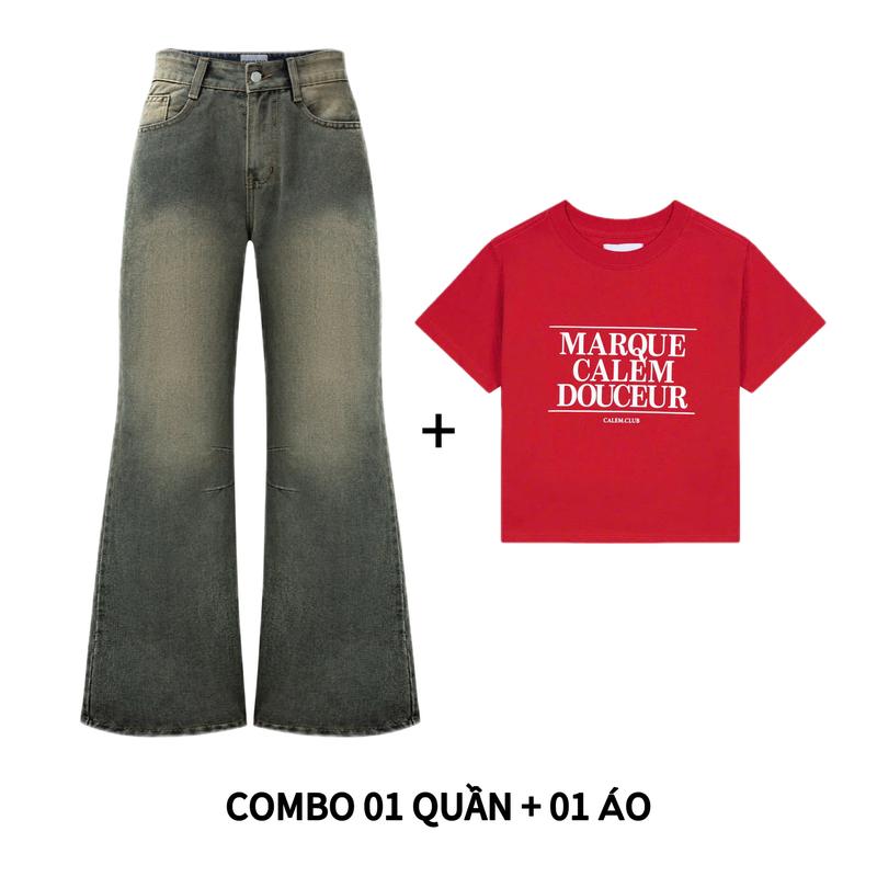Calem Club - Combo Áo baby tee Marque + Quần jean ỐNG LOE tôn dáng