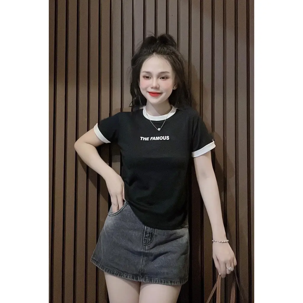 ÁO PHÔNG 3158 ĐEN TRẮNG PHỐI COTTON KHÔ PHOM BABY TEE DƯỚI 55KG. Nữ Women Cổ Tròn