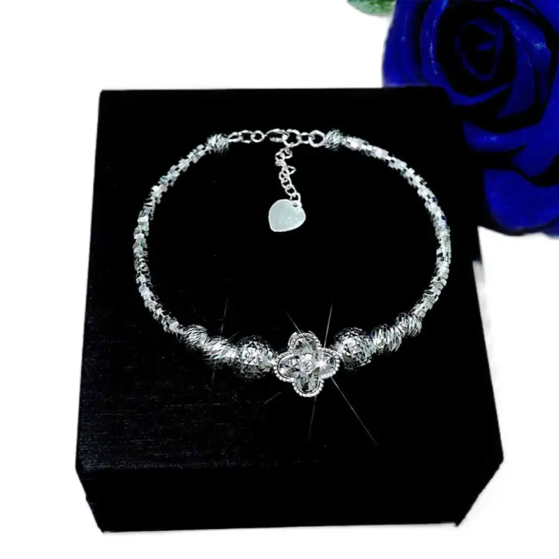 Vòng charm dẻo hoa ma,y mắn phối bi khóa tròn bạc ý nguyên chất 925 đã xi kim