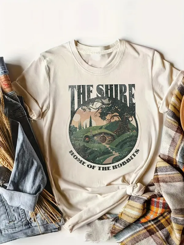 Women's Cartoon Graphic Print Round Neck Tee, Fashion Casual Short Sleeve T-shirt for Daily Wear, Ladies Summer Clothes 0