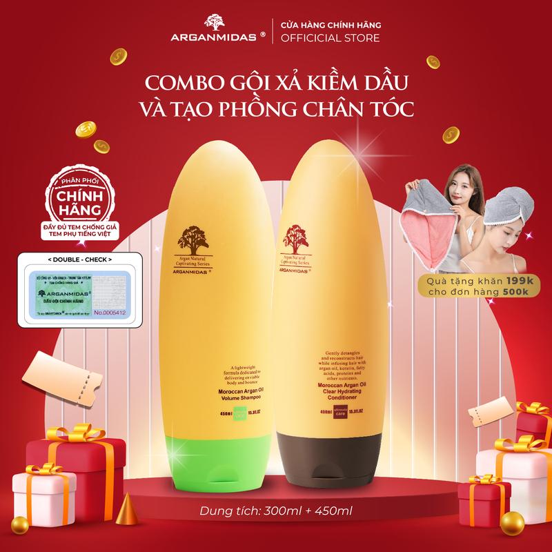 Combo Gội xả Kiềm dầu tạo phồng chân tóc Arganmidas Moroccan Argan Oil với tinh dầu Argan quý hiếm, hỗ trợ kiểm soát dầu thừa, giúp tóc bồng bềnh, lâu bết - 450ml x 2, bộ gồm 2 chai