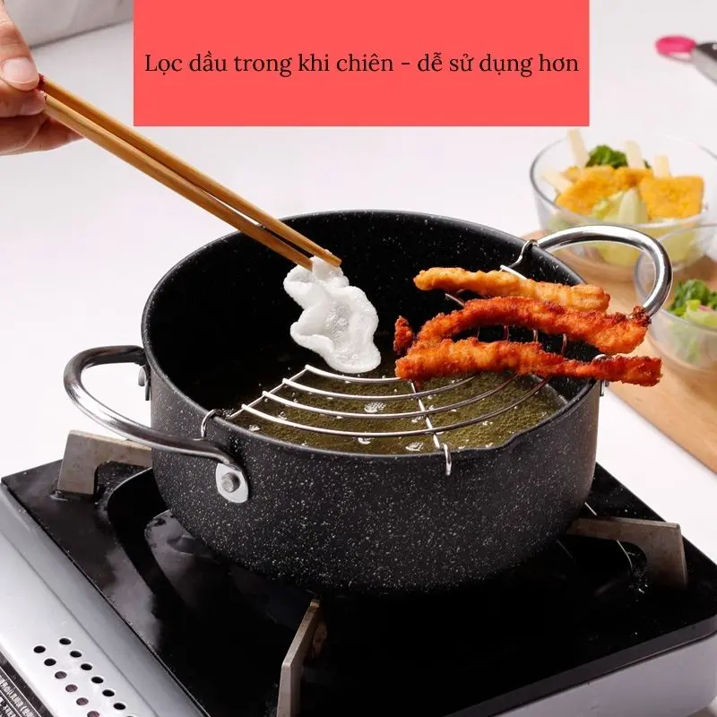 Nồi chiên chống dính ngập dầu chính hãng Emoojoo Nhật Thế hệ Mới Size 20CM - Vân Đá có tặng vỉ gác chảo 2