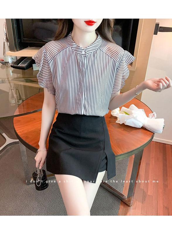 Product Introduction of Áo Voan, Họa Tiết Sọc, Tay Bay Cho Nữ, Thời Trang Mới Mùa Hè 2024, Phong Cách Phương Tây Nhỏ Áo ngắn Tay Top Women Sơ Mi Sọc Kẻ Cổ Tròn 14