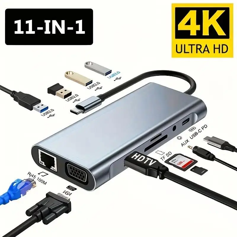 11-in-1 USB-C HUB, Multiport USB HUB with HDTV & VGA & SD & TF Card Reader, USB 3.0/2.0 Ports, RJ45 Ethernet, Support PD 87W Power Transfer