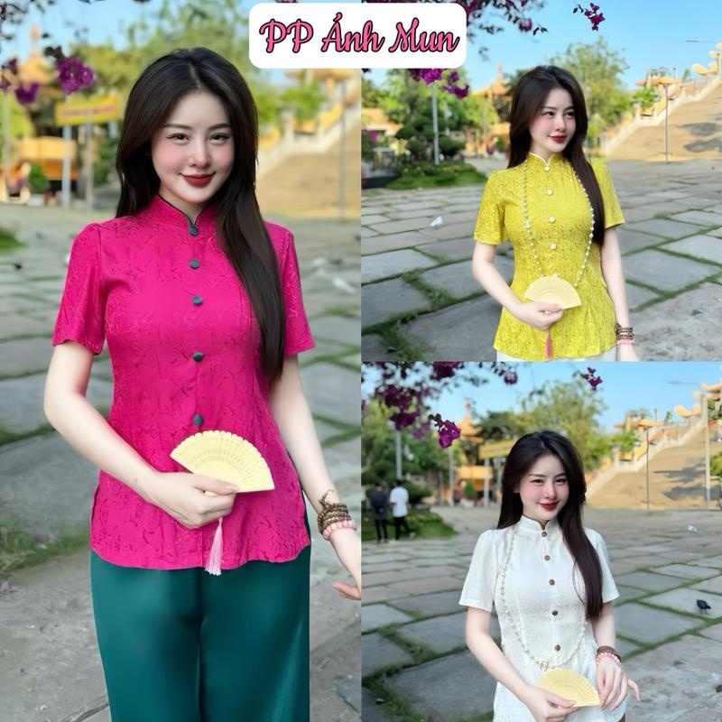 Bộ quần áo đi chùa cổ tàu Voi Nữ Women Top Jacket lụa gấm thanh trà cao cấp Size S/M/L/XL Voan