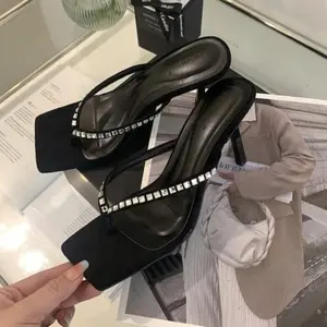 DCollection AR 11 Sandal Pesta Heels Wanita Elegan Hak Tinggi 7 Cm - Sepatu High Heels Pesta Rhinestones Heel Import Model Jepit Hitam Shoes