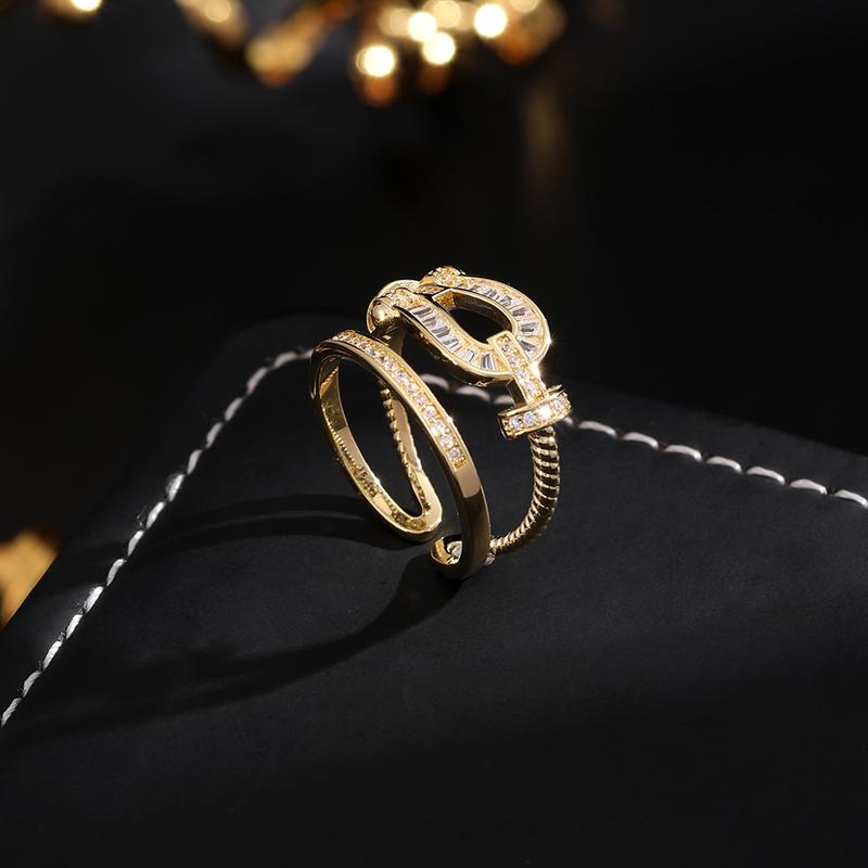 High Version Real Gold Plating Minimalist Design Personality Horseshoe U-Shaped Zircon Open Ring Jewelry for Women 4