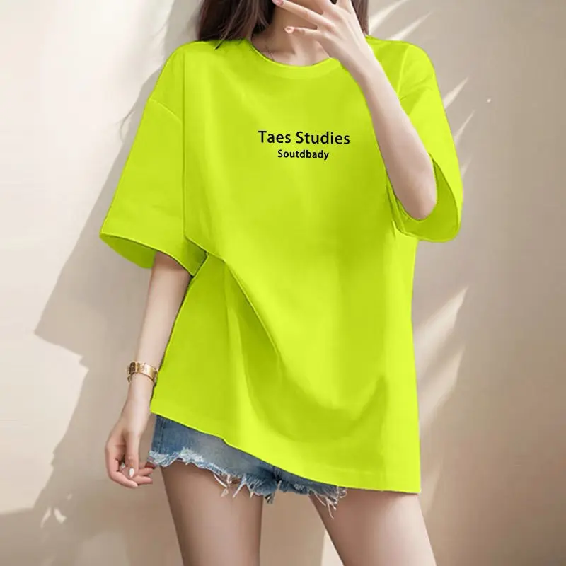 Áo Thun Cotton Ngắn Tay Dài Trung Bình Chữ Cái Màu Xanh Huỳnh Quang, Dành Cho Nữ, Hàng Châu Âu Mới Mùa Hè 2024, Áo Dáng Rộng Ngoại Cỡ