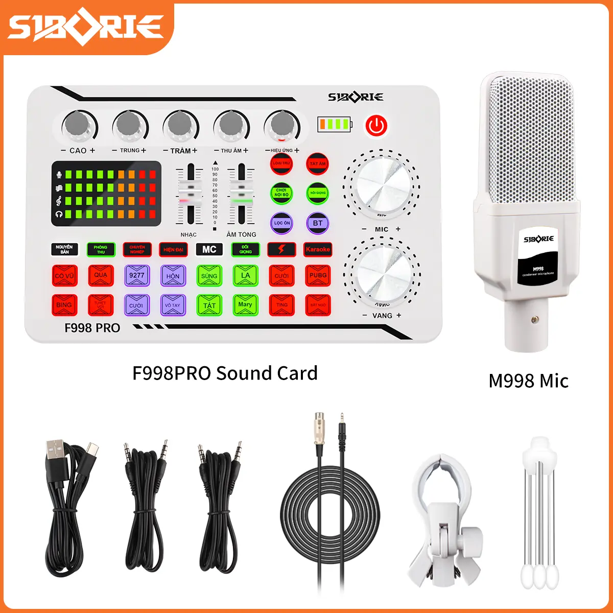 [SIBORIE] - [BẢN TIẾNG VIỆT] Set Combo Livestream Mic Thu Âm M998 Kết Hợp Soundcard F998 VN , Tai Nghe, Phụ Kiện Dây Sạc, Giá Đỡ 3 Chân