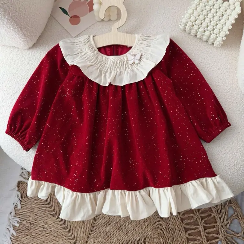 (7-17kg) váy công chúa nhung kim tuyến phối bèo +tag bướm điệu đà cho bé 1