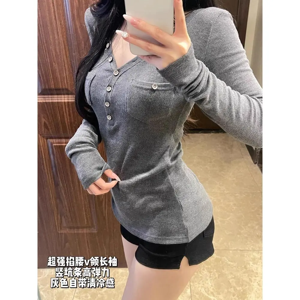 Pure Desire Style V-Neck Pocket White Long Sleeve T-Shirt for Women Spring and Autumn Inner Layer Slim Fit Waist-Cinching Hot Girl Top | BigBuy360 - bigbuy360.vn