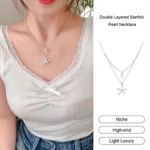 Double Layered Starfish Pearl Necklace Women Light  Niche Necklace Exquisite Necklace
