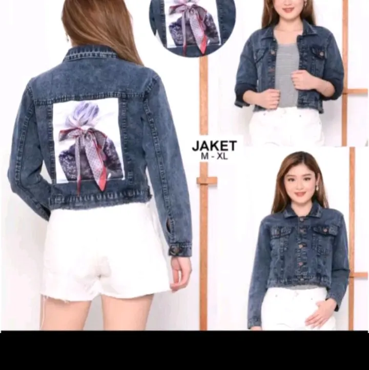 Jaket jeans jaket wanita crop jaket kekinian belakang emblem pita 3D Santai 1