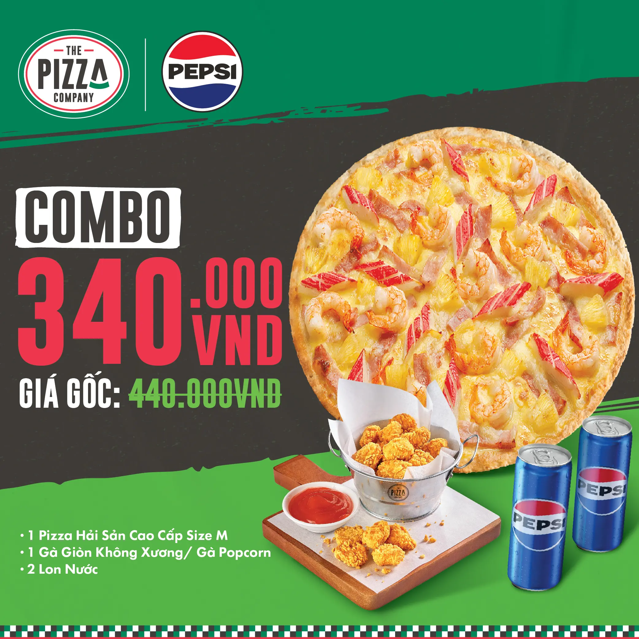 Combo Pizza M - Hải Sản - (2-3 người) - 1 Pizza Hải Sản Cao Cấp size M + 1 Gà Giòn Không Xương/ Gà Popcorn + 2 Lon Pepsi - The Pizza Company - (Giao nhanh 1H)