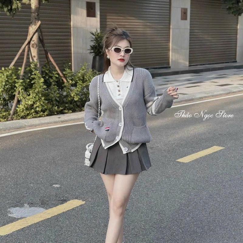 Áo khoác len nữ Thom 2 túi viền sọc tay dài tag da - Thảo Ngọc Store - Top Women