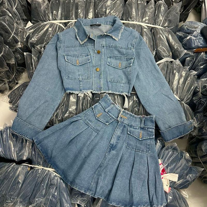  SÉT JEAN tay dài TUA RUA ÁO TAY DÀI Hot Girl CROPTOP + VÁY XẾP LY 