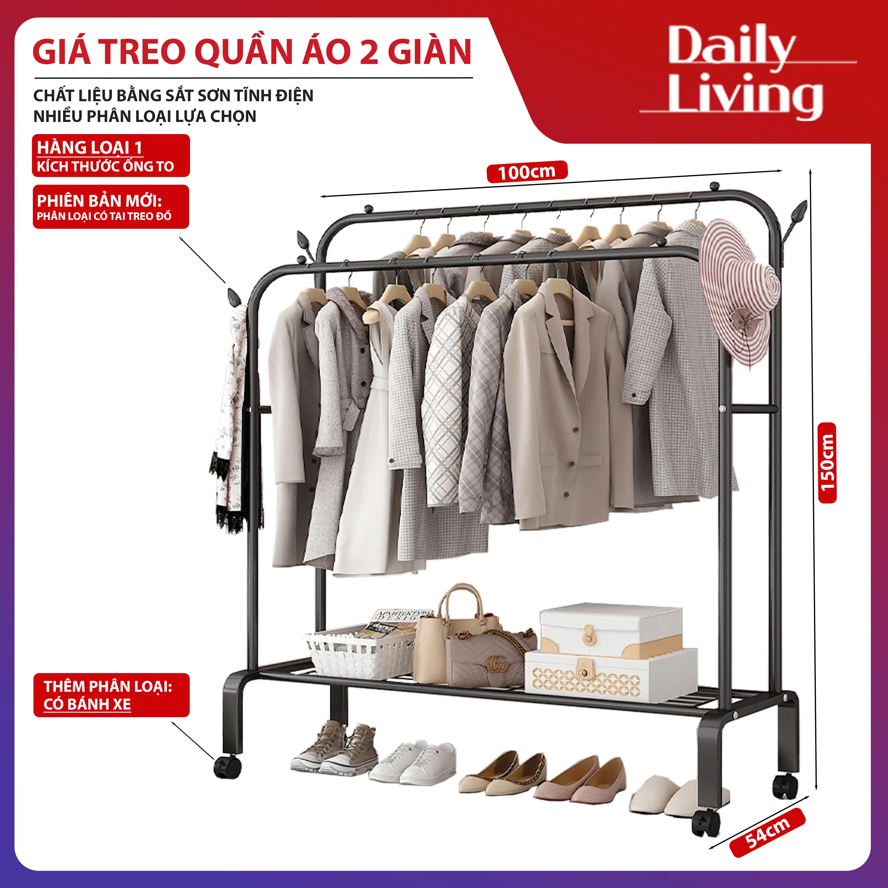 Giá Treo Quần Áo Bằng Sắt Sơn Tĩnh Điện 2 Giàn Treo 1 Tầng Đựng Đồ Kệ Treo Quần Áo Lắp Ráp Đơn Giản Tiện Lợi Hiện Đại