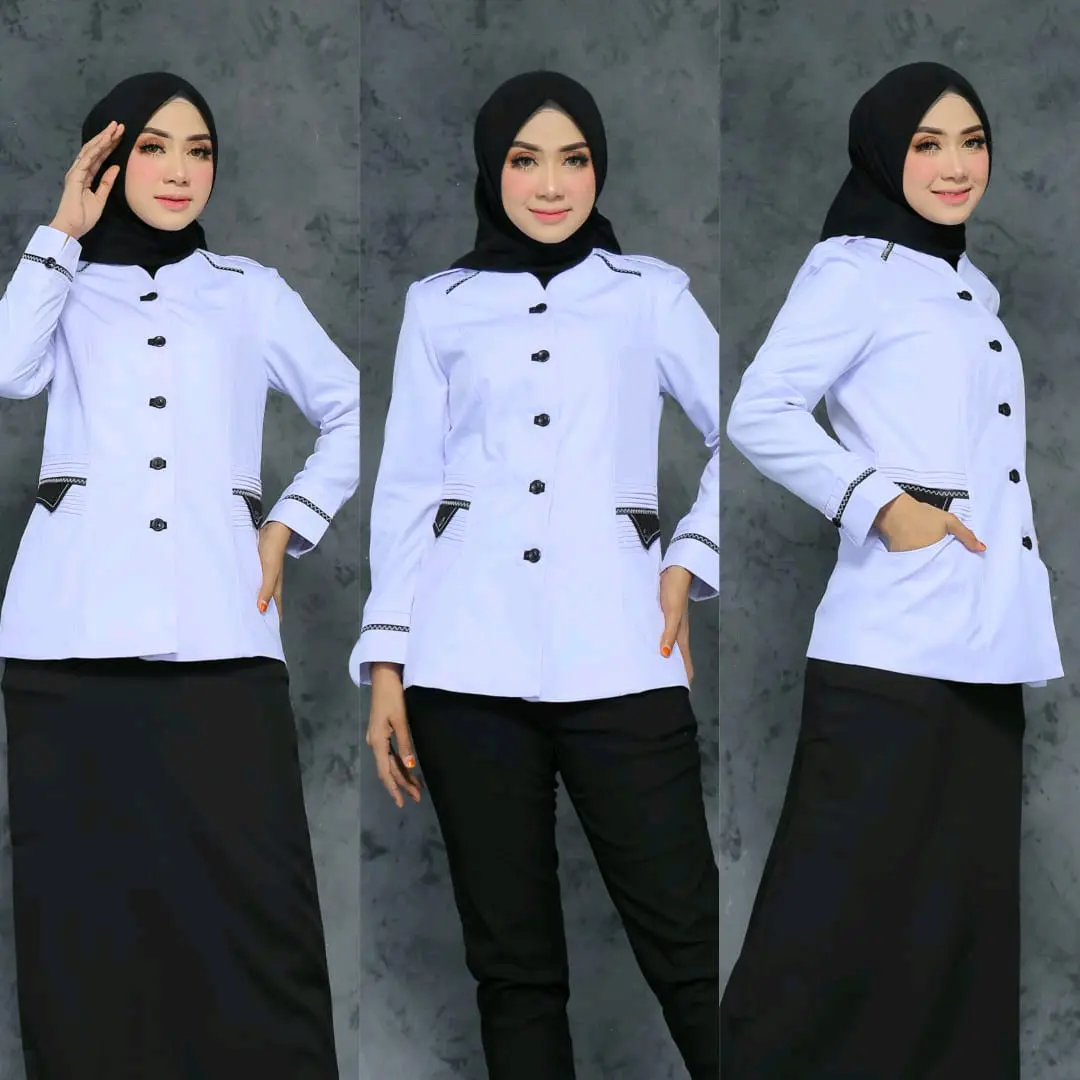 SERAGAM PUTIH HITAM ATASAN/ SET ROK A/.SET CELANA / SET ROK SPAN BAHAN KATUN FREE HIJAB.